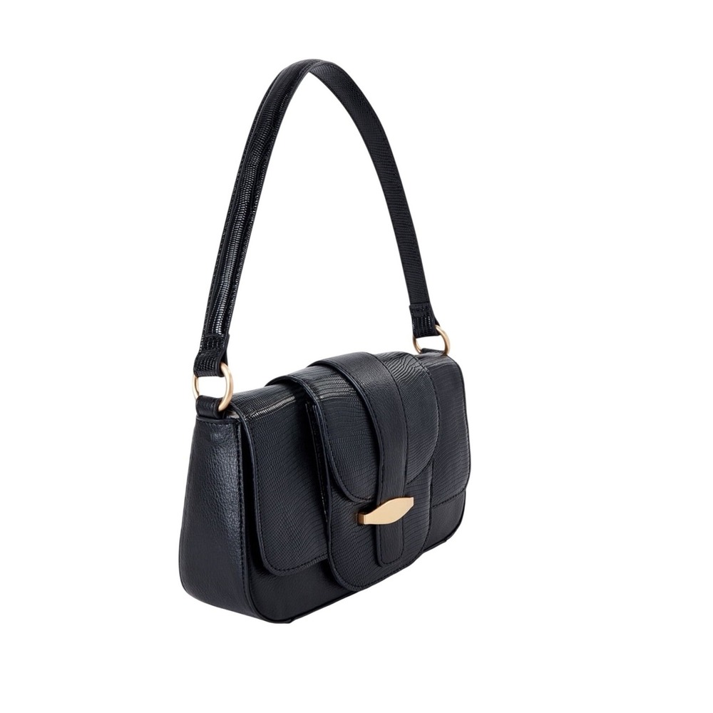 Time And True Shoulder Bag Women OS Black New Lizard Embossed Baguette Snap Magn